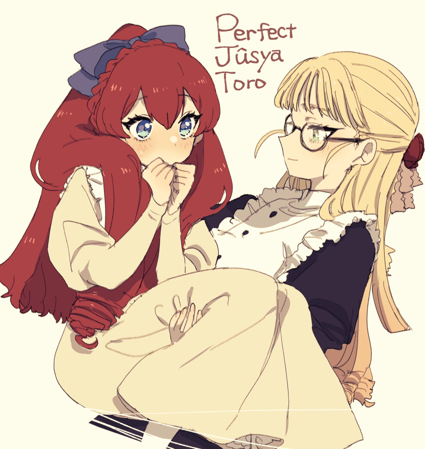 2girls, black_dress, blonde_hair, blue_bow, blue_eyes, blush, bow, carrying