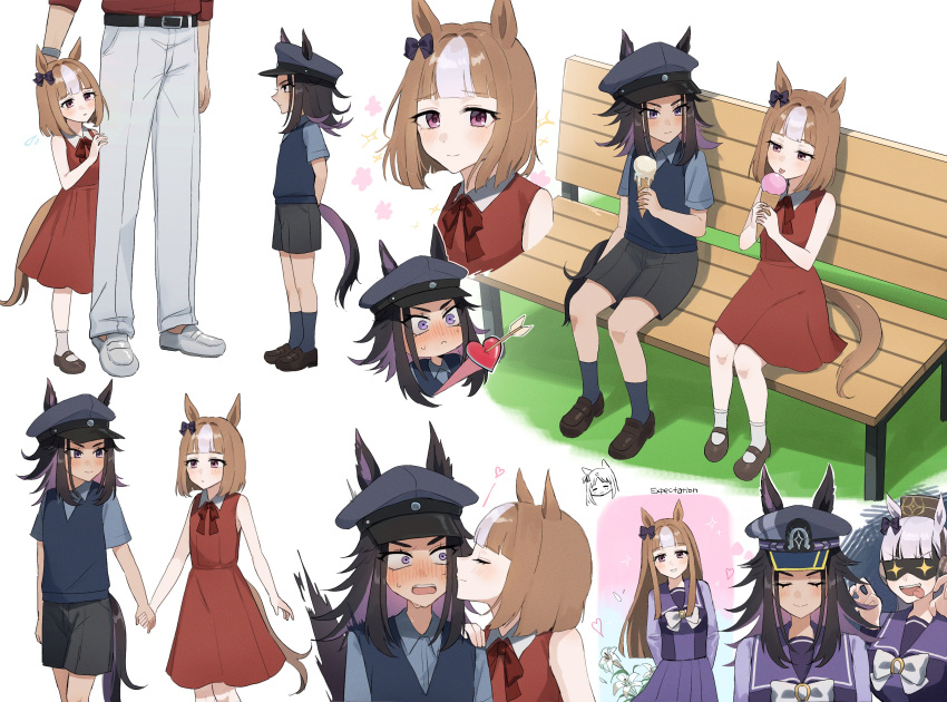 +_+, 1other, 2girls, absurdres, aged_down, animal_ears, arrow_through_heart, bare_shoulders