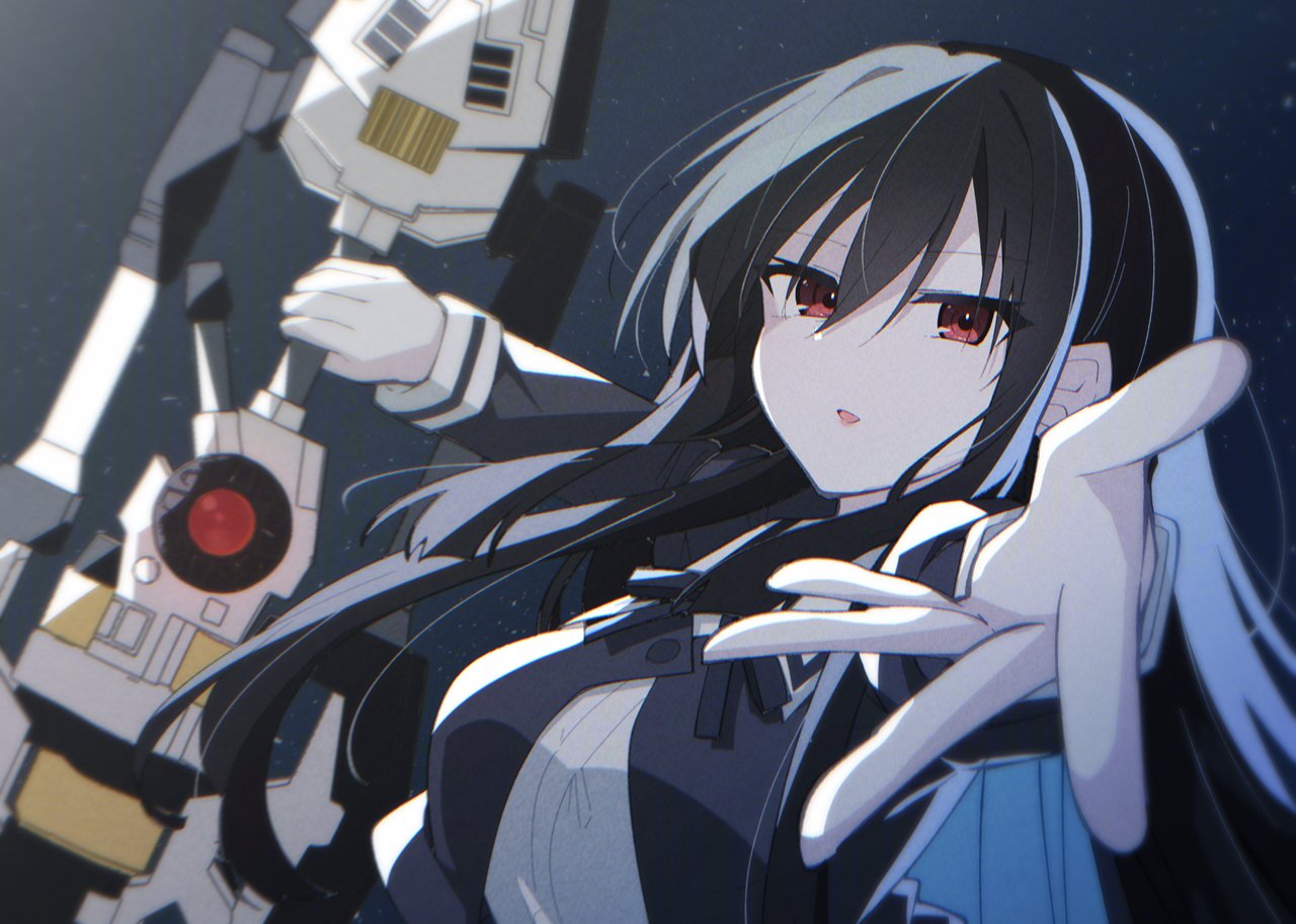 1girl, aoki_kaho, assault_lily, black_background, black_hair, black_ribbon, blurry, buttons