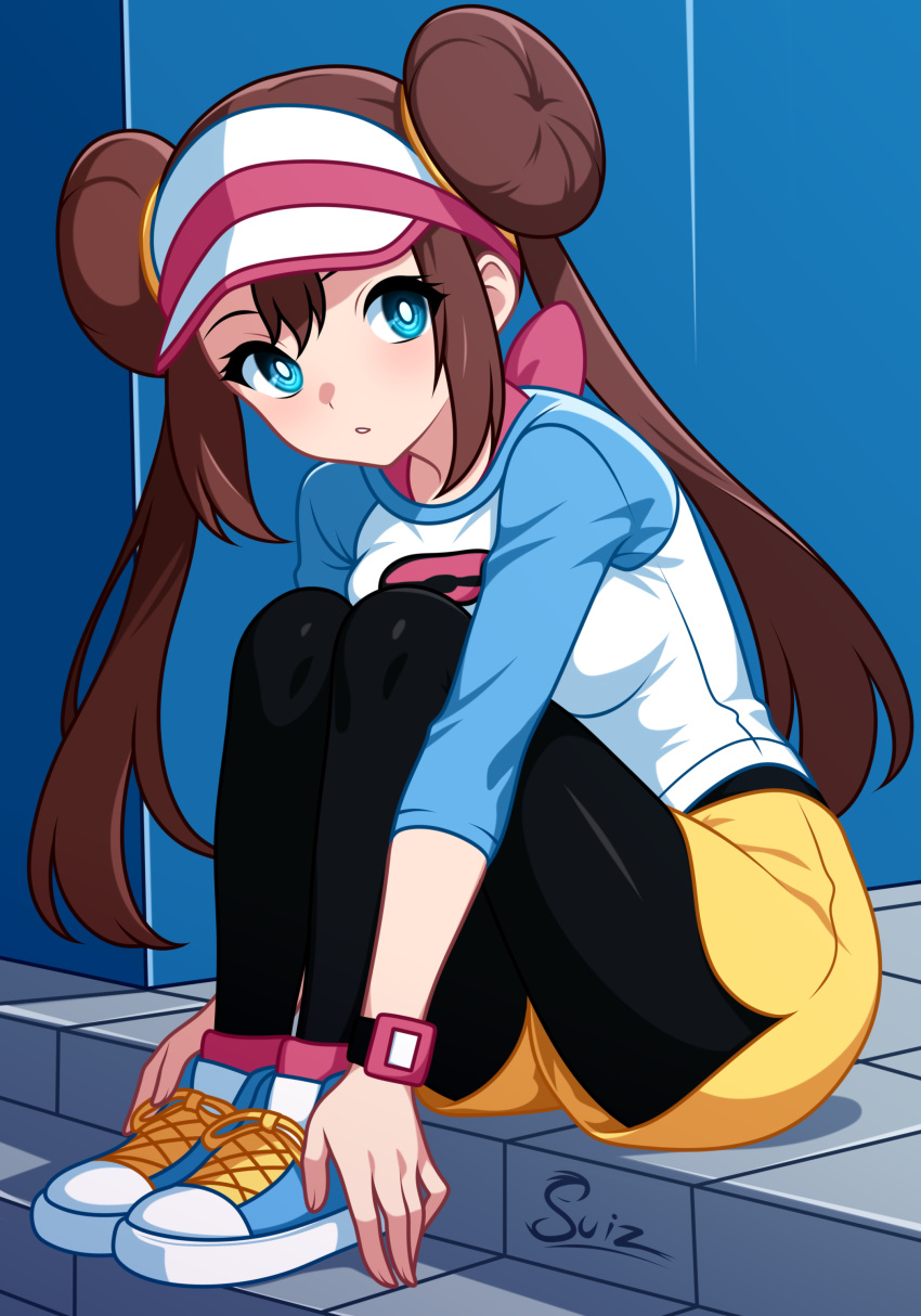 1girl, absurdres, artist_name, black_pantyhose, blue_eyes, brown_hair, double_bun, full_body