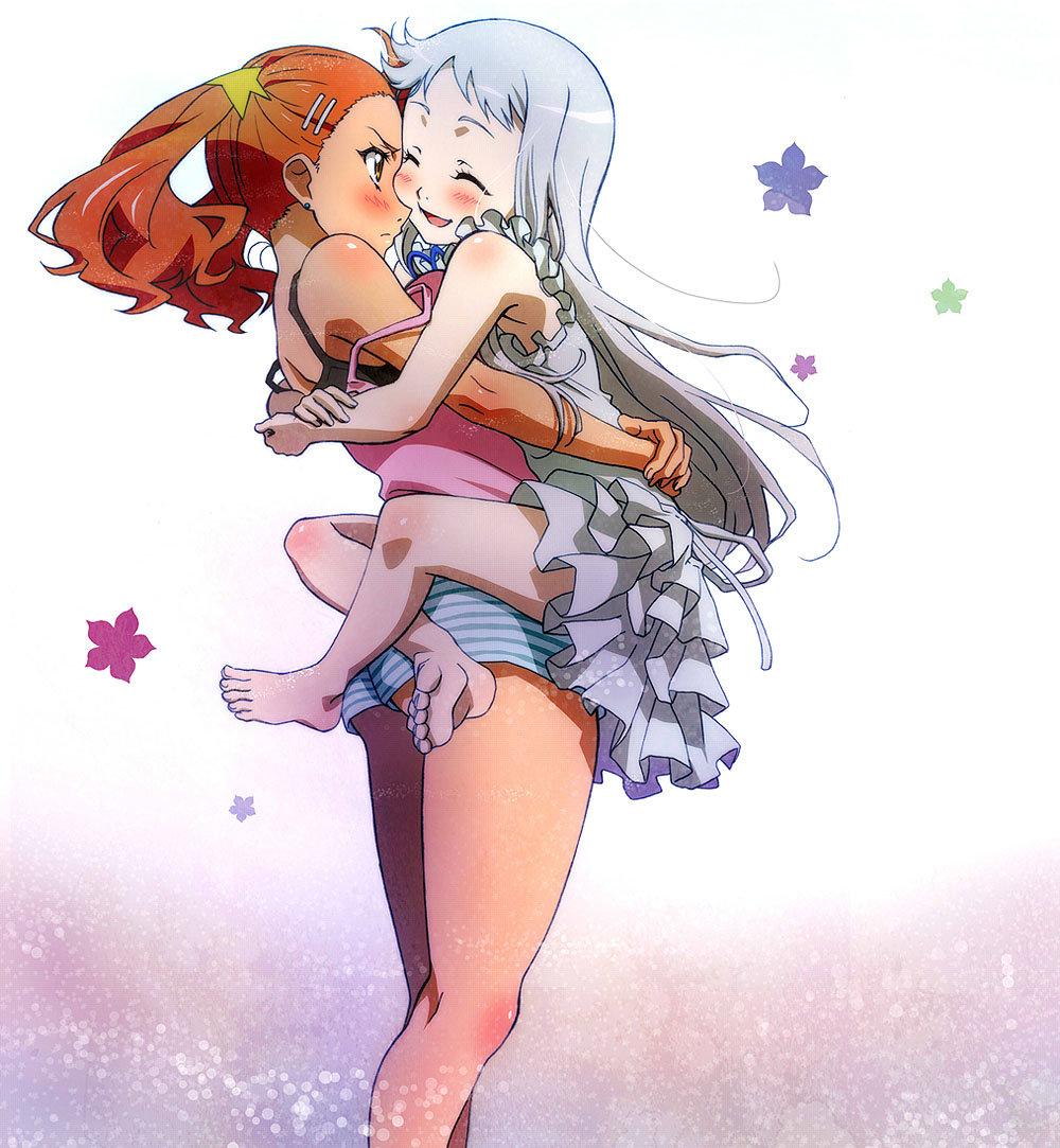 2girls, anjou_naruko, annoyed, ano_hi_mita_hana_no_namae_wo_bokutachi_wa_mada_shiranai, ass, bare_shoulders, barefoot, camisole, carrying, closed_eyes, dress, eyes_closed, feet, hair_ornament, hairclip, happy, honma_meiko, hug, long_hair, multiple_girls, orange_hair, short_shorts, shorts, silver_hair, sugise_satoshi, twintails, white_dress