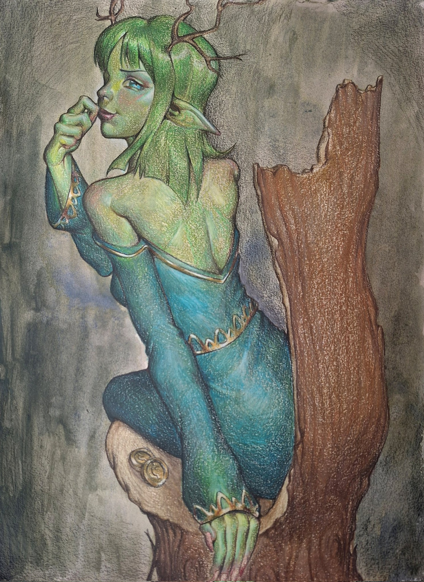 1girl, antlers, armpit_crease, bare_shoulders, breasts, chair, closed_mouth, coin, colored_skin, commentary, deer_antlers, dress, english_commentary, feet_out_of_frame, from_behind, green_dress, green_eyes, green_hair, green_skin, hand_to_own_mouth, highres, horns, kaeliosis, lips, long_sleeves, looking_at_viewer, looking_back, lunacid, medium_hair, nose, on_chair, patchouli_(lunacid), pointy_ears, red_nails, sitting, small_breasts, smile, solo, traditional_media