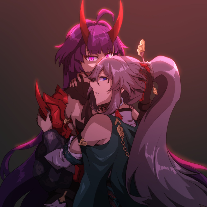 2girls, blue_eyes, dress, fu_hua, fu_hua_(azure_empyrea), green_dress, grey_hair, hair_ornament