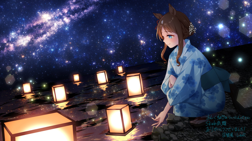 1girl, animal_ears, blue_eyes, blue_kimono, blush, brown_hair, closed_mouth, commission