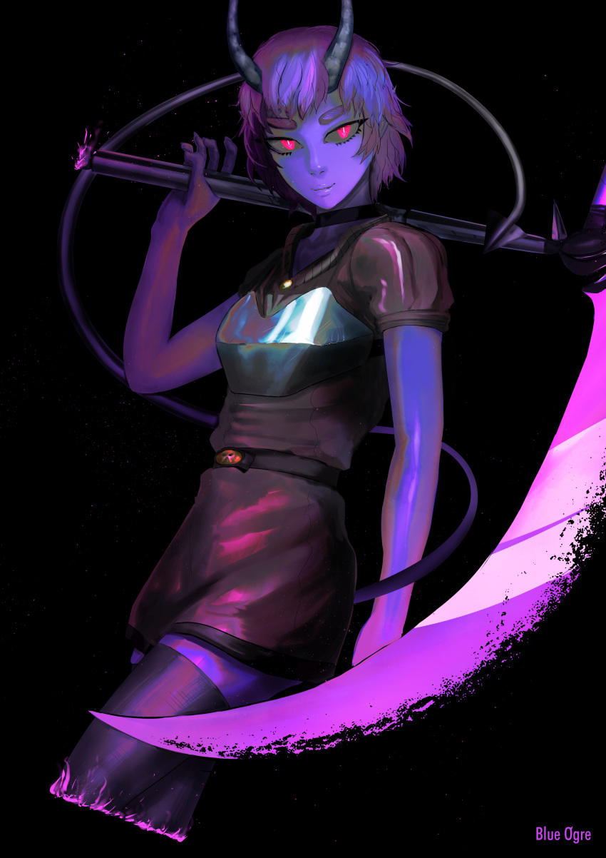 1girl, absurdres, armor, belt, black_background, black_belt, black_choker, black_horns