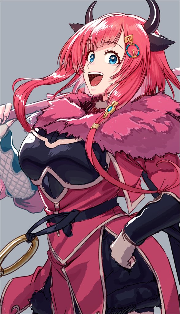 1girl, aduti_momoyama, animal_ears, arm_guards, armor, blue_eyes, breastplate, breasts, carina_(fire_emblem), cow_ears, cow_girl, cow_horns, fire_emblem, fire_emblem_shadows, fur_scarf, hair_ornament, holding, horns, looking_at_viewer, medium_breasts, open_mouth, red_hair, red_scarf, red_tunic, scarf, simple_background, smile, teeth, tunic, upper_body, upper_teeth_only