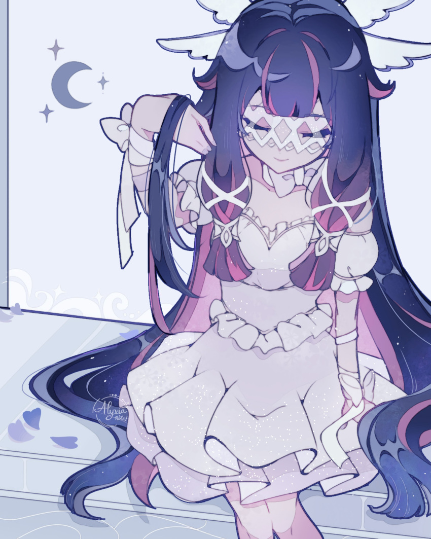 1girl, absurdres, black_hair, bow, closed_eyes, columbina_(genshin_impact), dress, eye_mask