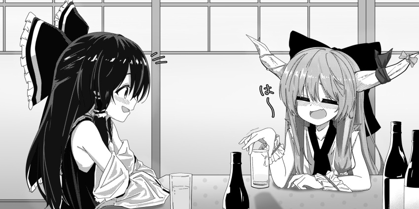 2girls, alcohol, aoi_1013ss, bare_shoulders, blush, bottle, bow, closed_eyes