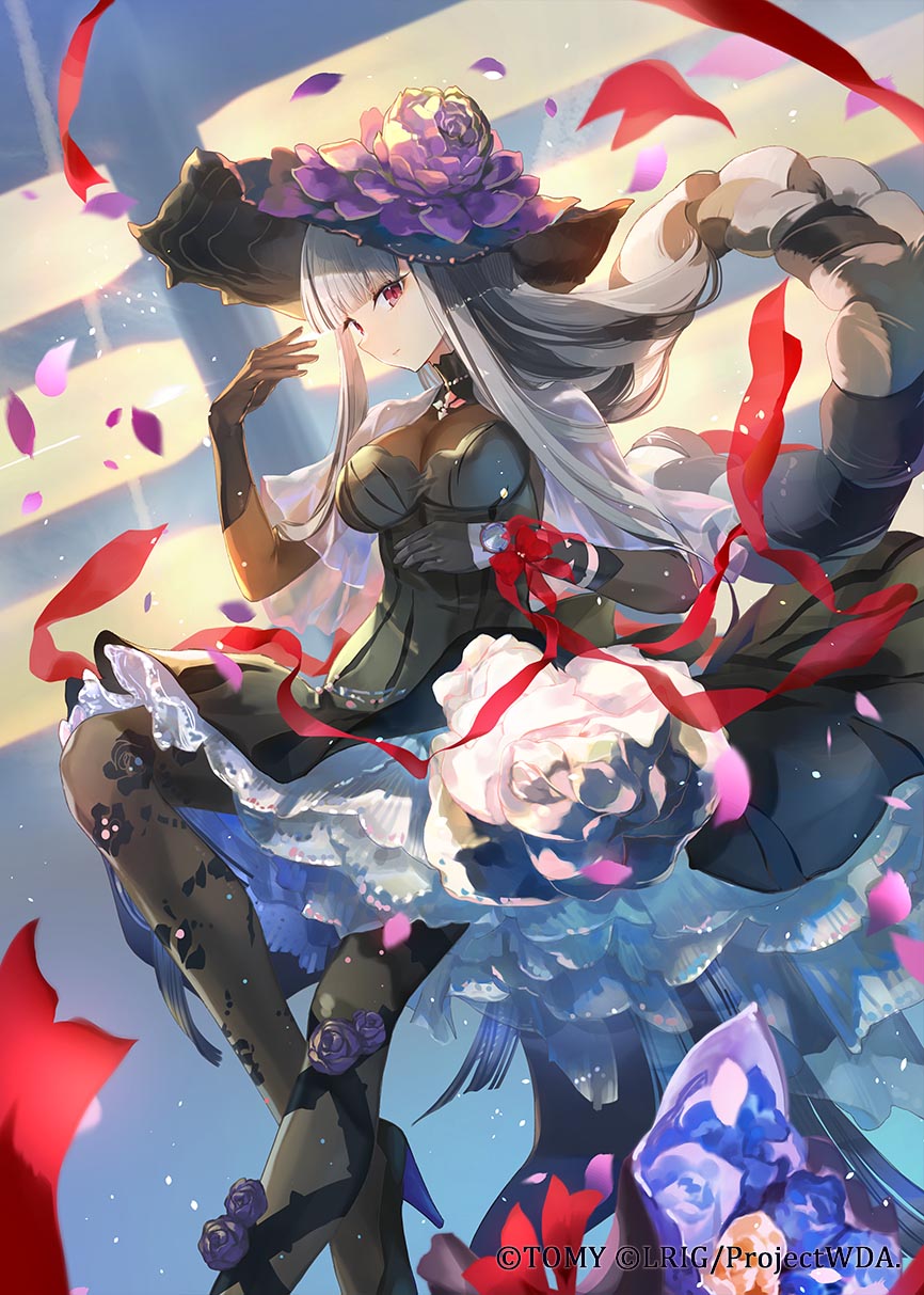1girl, alfou_(wixoss), black_dress, black_gloves, black_hair, black_hat, black_pantyhose, black_shoes