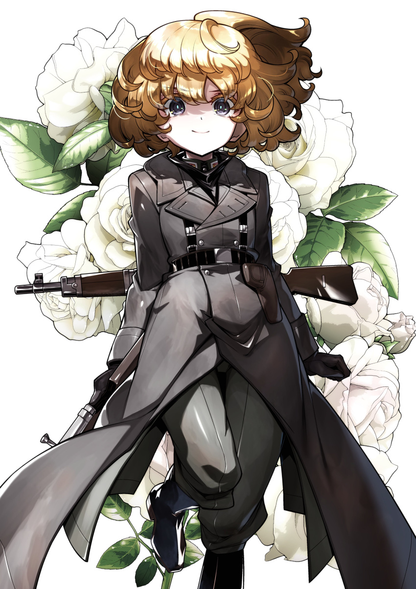 1girl, absurdres, black_boots, black_coat, black_gloves, blonde_hair, boots, coat