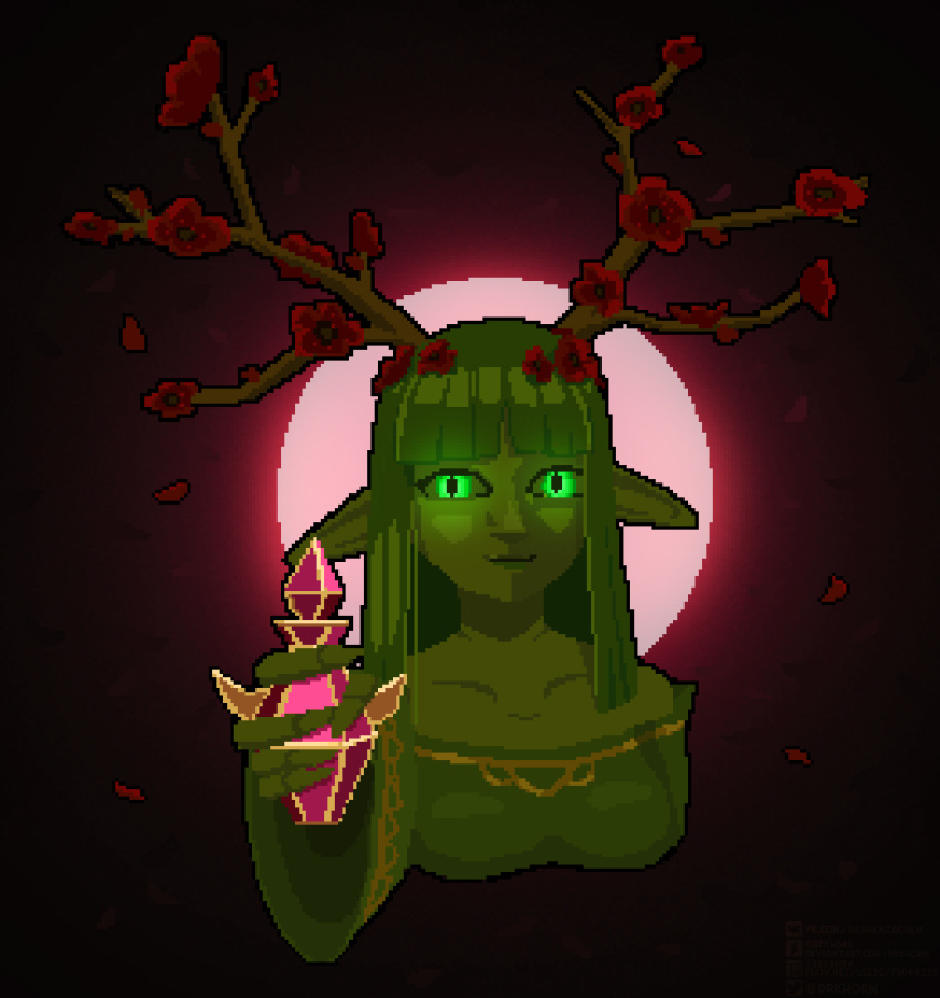 antlers, black_background, blunt_bangs, blunt_ends, bottle, breasts, closed_mouth, collarbone