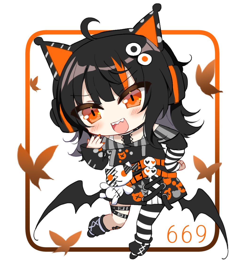 1girl, :d, animal_ear_headphones, animal_ears, asymmetrical_legwear, bat_wings, black_hair, black_shoes