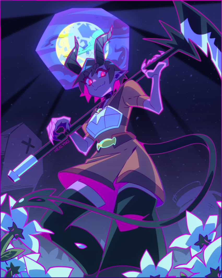 1girl, :3, artist_name, belt, black_choker, black_horns, black_thighhighs, brown_belt, brown_dress, choker, closed_mouth, colored_skin, commentary, demi_(lunacid), demon_girl, demon_horns, demon_tail, dress, english_commentary, eyelashes, fang, fang_out, feet_out_of_frame, field, fingernails, flower, flower_field, from_below, full_moon, glowing, glowing_eyes, grave, hexlyng, highres, holding, holding_scythe, horns, light_particles, looking_at_viewer, looking_down, lunacid, moon, moonlight, nose, outdoors, outline, pointy_ears, purple_hair, purple_outline, purple_skin, purple_sky, scythe, sharp_fingernails, short_hair, short_sleeves, sky, smile, solo, standing, tail, thigh-highs, vase, violet_eyes, weapon, weapon_on_back