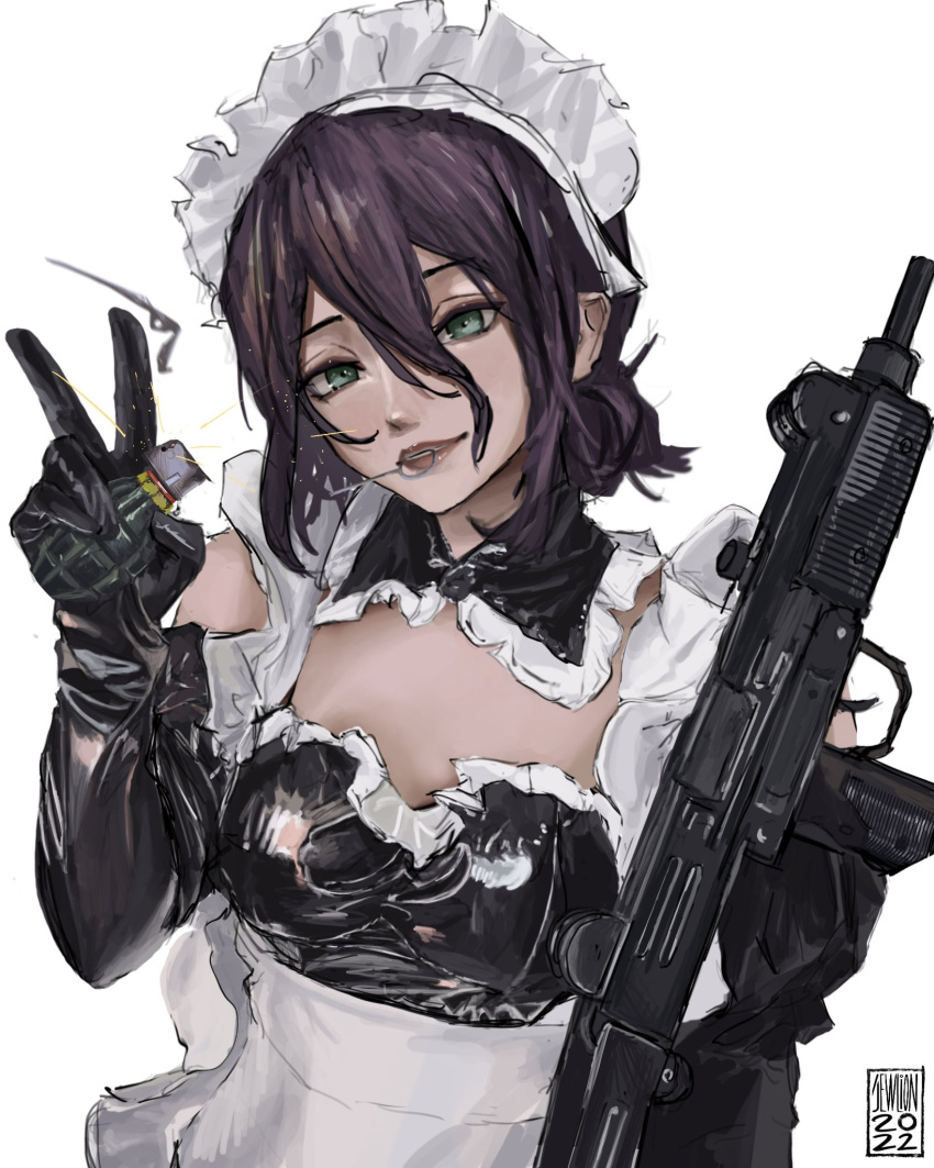 1girl, apron, chainsaw_man, collar, detached_collar, dress, elbow_gloves, english_commentary