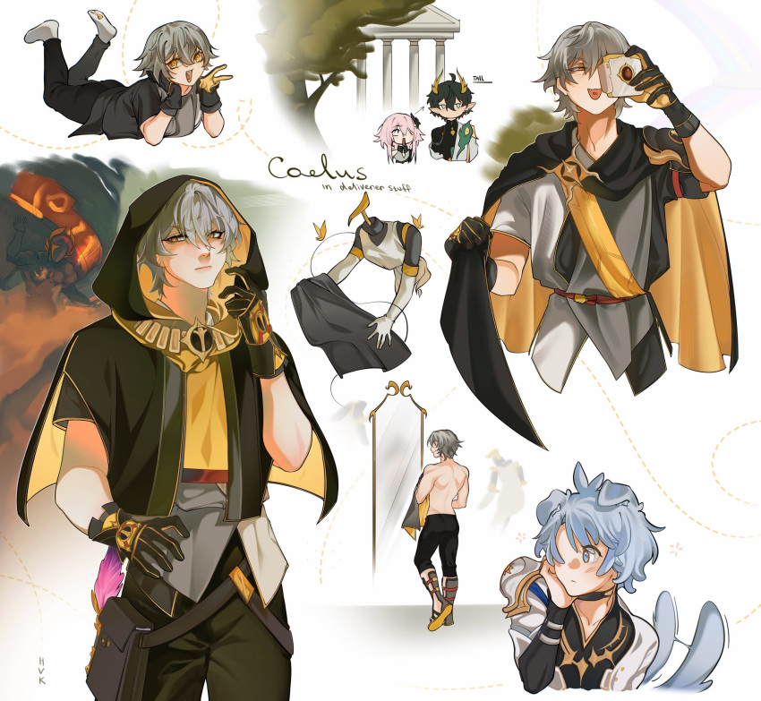 1girl, 3boys, ancient_greek_clothes, animal_ears, antenna_hair, architecture, arm_armor, armor