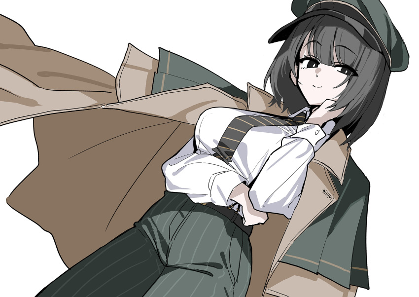 absurdres, black_eyes, black_necktie, blue_archive, brown_halo, coat, coat_on_shoulders, diagonal-striped_clothes