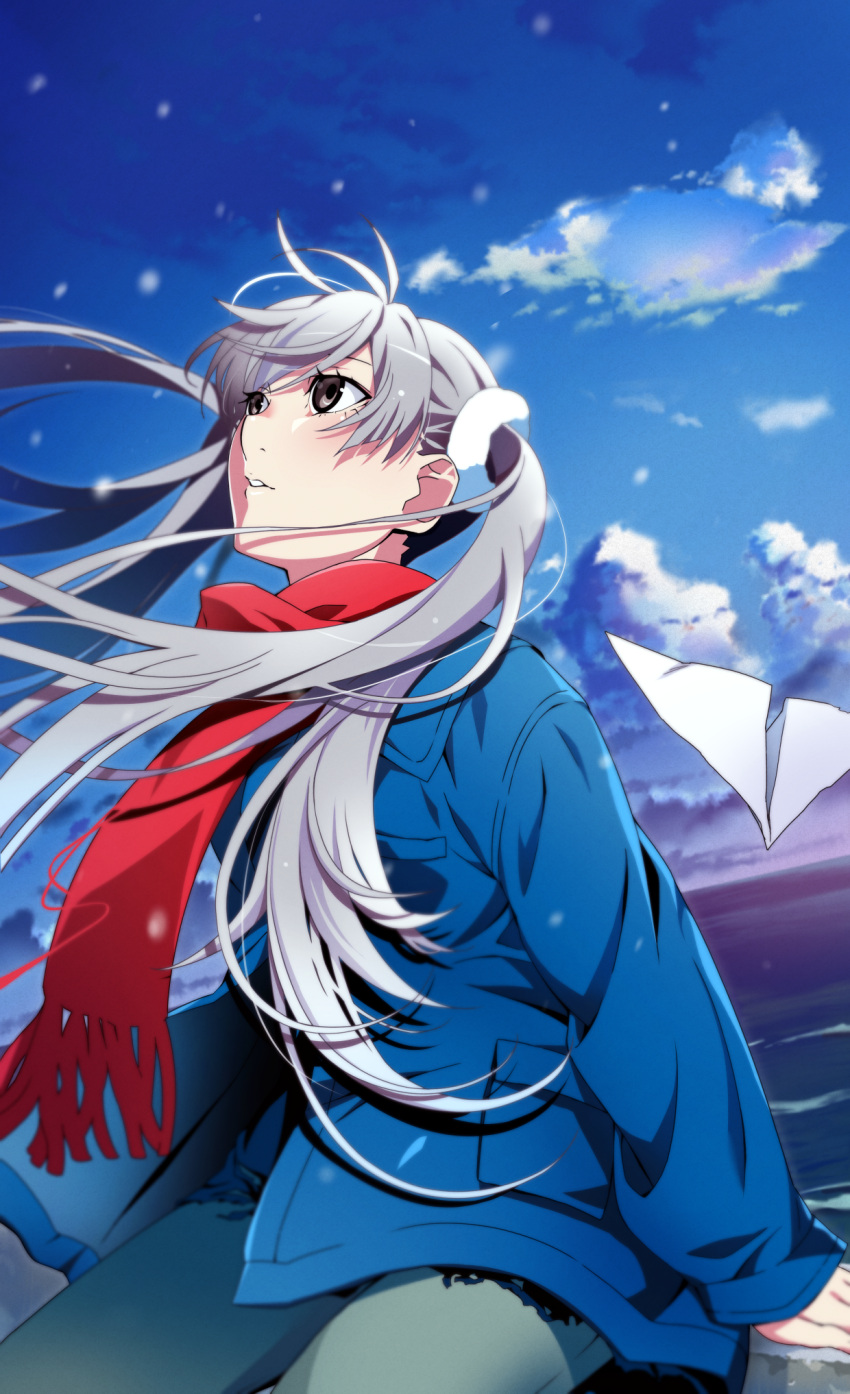 1girl, blue_sky, clouds, coat, floating_hair, gesugesu_ahoaho, grey_eyes, grey_hair, highres, horizon, long_hair, looking_up, monogatari_(series), ocean, oikura_sodachi, outdoors, paper_plate, plate, scarf, sitting, sky, solo, twintails, water, wind
