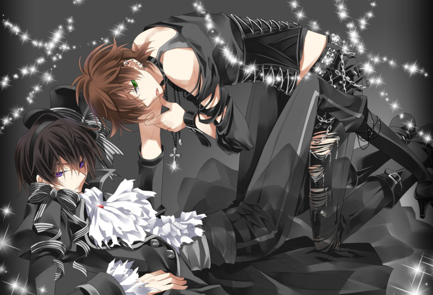 black_hair, boots, brown_hair, code_geass, cross, crucifix, earrings, formal