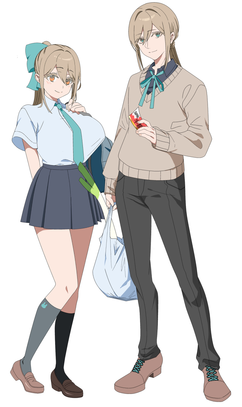 1boy, 1girl, animal_print, aqua_bow, aqua_necktie, aqua_ribbon, arm_behind_back, bag