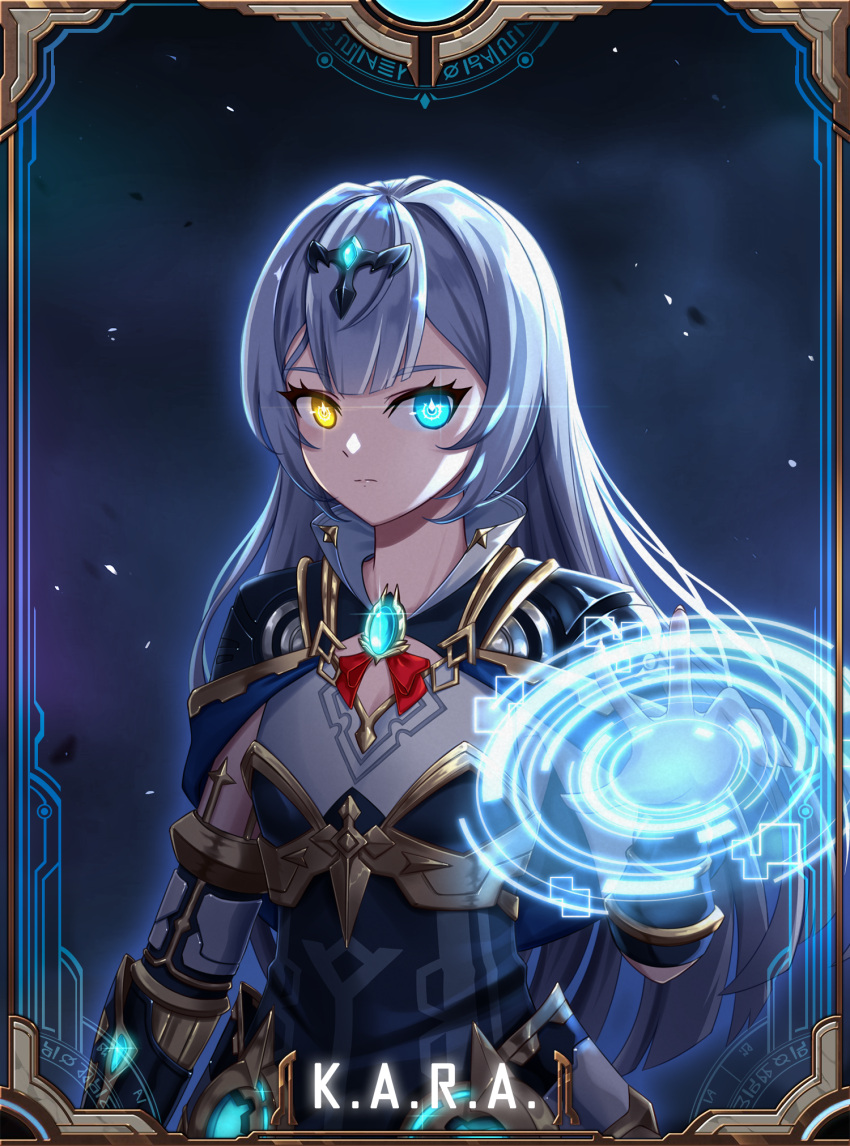 1girl, android, black_capelet, black_corset, blue_eyes, blue_hair, capelet, character_name