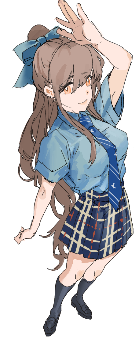 1girl, arm_up, black_socks, blue_bow, blue_necktie, blue_shirt, blue_skirt, bow, breasts, brown_hair, closed_mouth, collared_shirt, commentary_request, full_body, hair_between_eyes, hair_bow, high_ponytail, ingenkita, kneehighs, long_hair, looking_at_viewer, medium_breasts, miniskirt, necktie, orange_eyes, original, perspective, plaid_clothes, plaid_skirt, pleated_skirt, ponytail, print_necktie, school_uniform, shirt, short_sleeves, sidelocks, simple_background, sketch, skirt, smile, socks, solo, standing, white_background