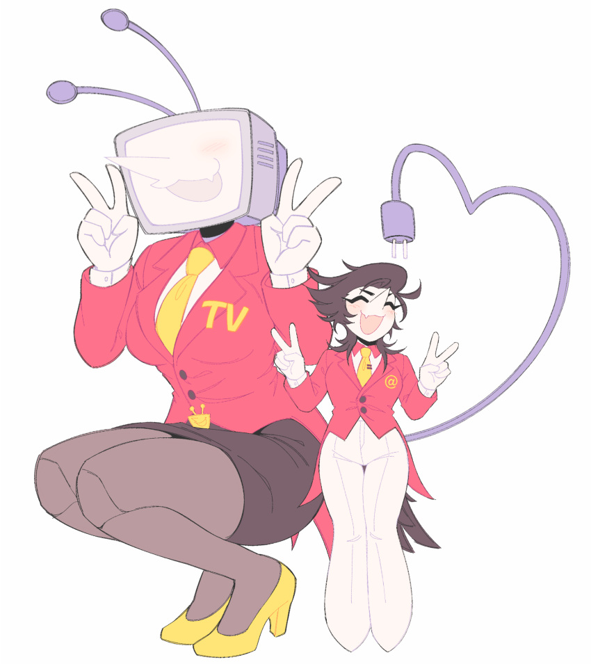 2girls, ant_tenna, bird_tail, black_hair, black_skirt, blush, closed_eyes, clothed_robot