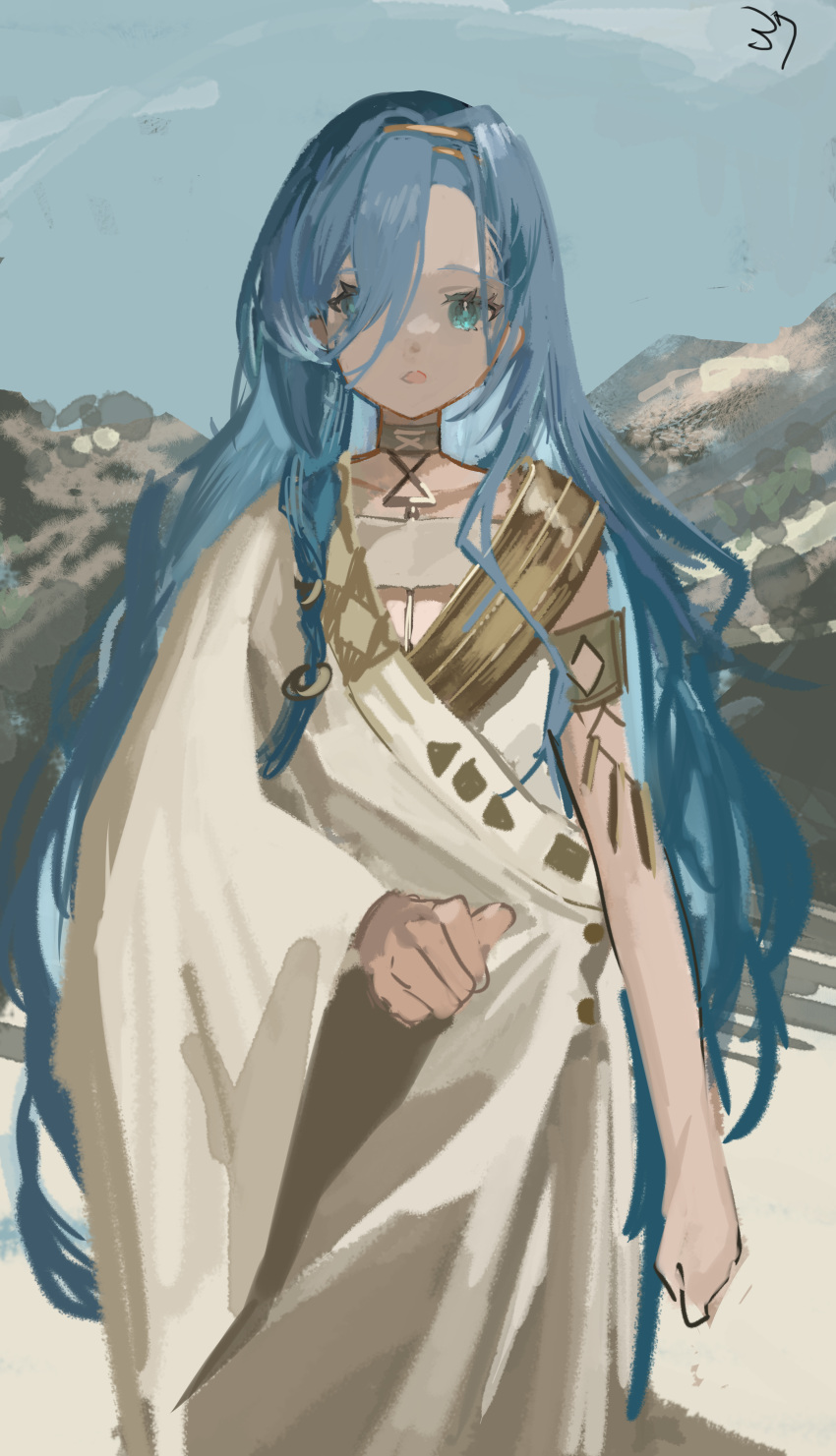 1girl, 37_(reverse:1999), absurdres, ancient_greek_clothes, beach, blue_eyes, blue_hair, blue_sky
