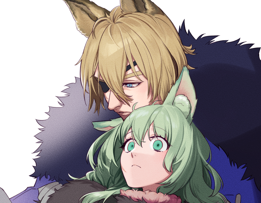 1boy, 1girl, alternate_hair_color, animal_ear_fluff, animal_ears, blonde_hair, blue_eyes, cape