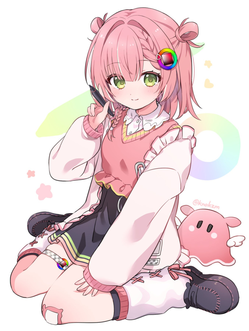 1girl, black_shoes, black_skirt, black_socks, blue_shirt, braid, breasts, closed_mouth, color_picker, dot_nose, eyes_visible_through_hair, fake_transparency, full_body, green_eyes, hair_intakes, hair_ornament, hair_rings, hand_up, heart, highres, holding, holding_pen, indie_virtual_youtuber, jacket, knokzm, leg_warmers, light_blush, long_sleeves, looking_at_viewer, medium_hair, miniskirt, multicolored_hair, music, nufucha_(vtuber), open_clothes, open_jacket, pen, pink_hair, shirt, shoes, singing, sitting, skirt, small_breasts, smile, socks, solo, streaked_hair, wariza, white_background, white_hair, white_jacket, white_leg_warmers
