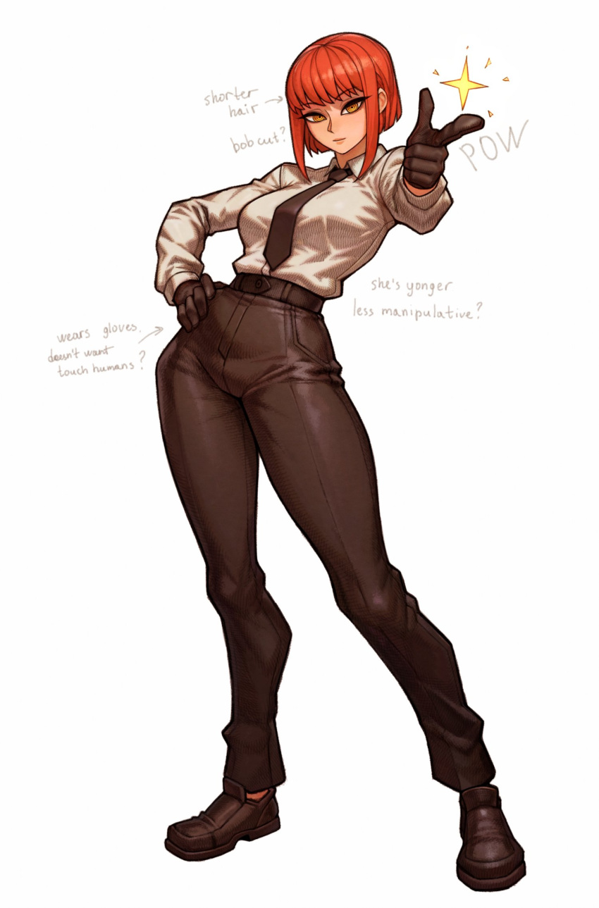 1girl, alternate_hair_length, alternate_hairstyle, belt, black_belt, black_gloves, black_necktie, black_pants