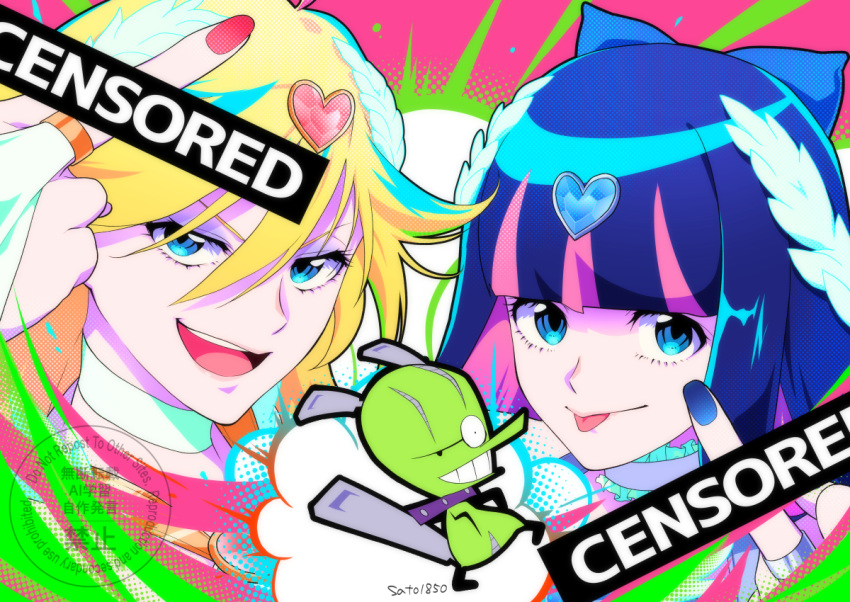 2girls, blonde_hair, blue_eyes, blue_nails, blunt_bangs, looking_at_viewer, middle_finger, multiple_girls