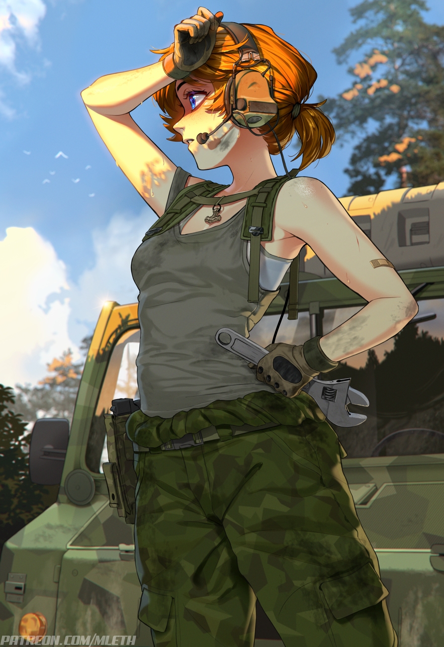 1girl, bandaid, bandaid_on_arm, bare_arms, bare_shoulders, belt, blue_eyes, blue_sky, blurry, breasts, brooke_(mleth), brown_gloves, brown_hair, camouflage, camouflage_pants, chest_harness, clouds, cloudy_sky, collarbone, commentary, cowboy_shot, depth_of_field, dirty, dirty_face, english_commentary, freckles, gloves, green_pants, green_tank_top, hair_tie, hand_on_own_hip, harness, headphones, headset, highres, holding, holding_wrench, medium_breasts, military_combat_uniform, military_jeep, military_uniform, mleth, motor_vehicle, original, outdoors, pants, patreon_username, ponytail, short_hair, short_ponytail, simple_bird, sky, solo, standing, sweat, tank_top, tree, twitter_username, wiping_sweat, wrench