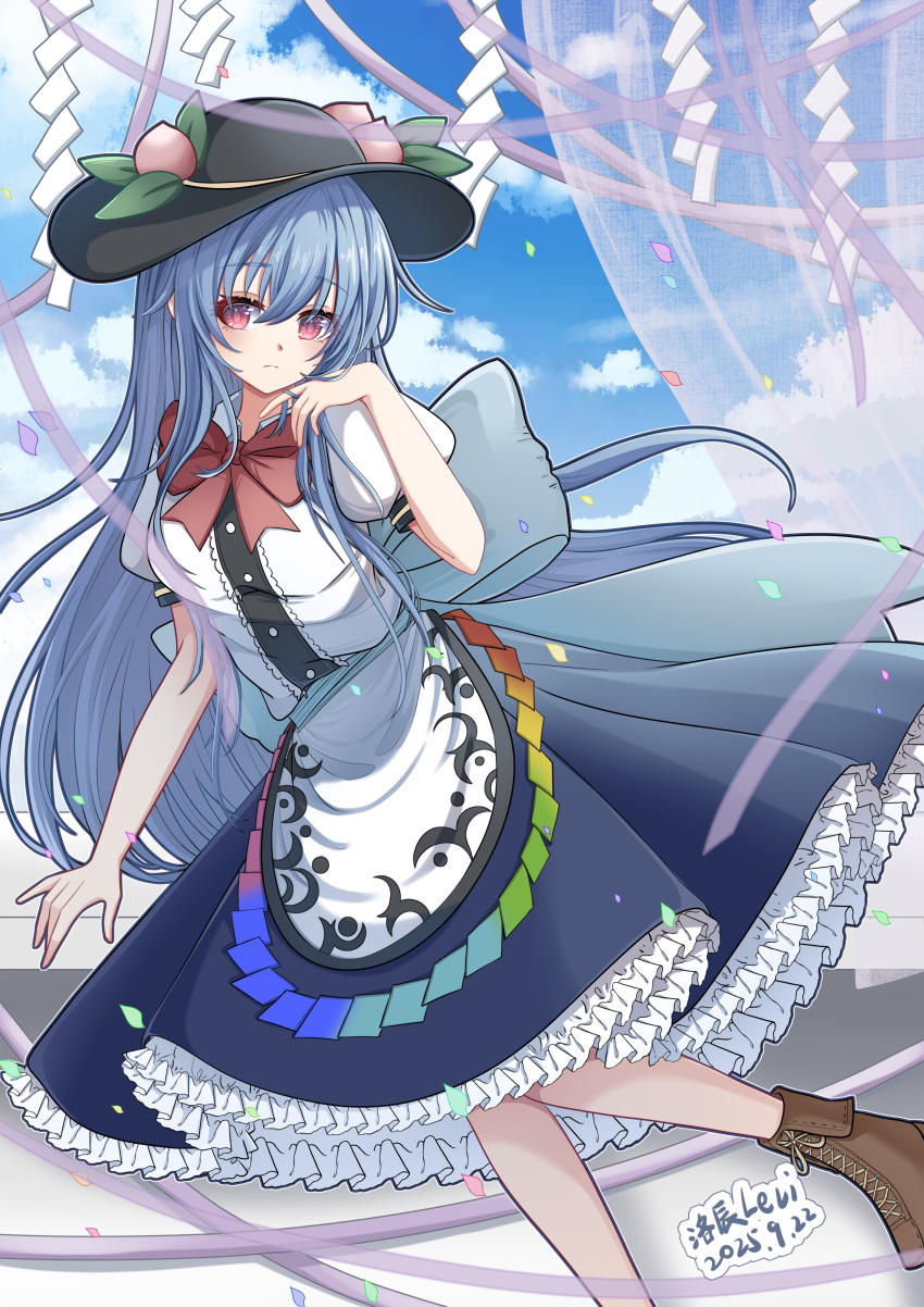 1girl, absurdres, apron, artist_name, black_hat, blue_bow, blue_hair, blue_skirt, blue_sky, boots, bow, bowtie, brown_boots, buttons, center_frills, clouds, cloudy_sky, cropped_legs, dutch_angle, finger_to_face, frilled_skirt, frills, hat, hat_ornament, highres, hinanawi_tenshi, huge_bow, lace-up_boots, leaf_hat_ornament, levi, long_hair, long_skirt, peach_hat_ornament, puffy_short_sleeves, puffy_sleeves, rainbow_gradient_rope, red_bow, red_bowtie, red_eyes, shirt, short_sleeves, skirt, sky, solo, touhou, very_long_hair, white_apron, white_shirt
