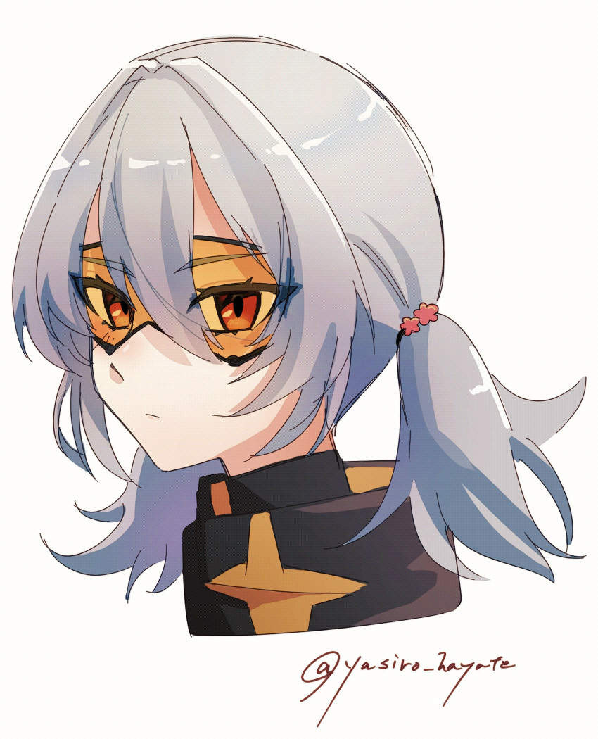 1girl, alternate_hairstyle, artist_name, closed_mouth, commentary_request, goggles, grey_hair, hair_between_eyes