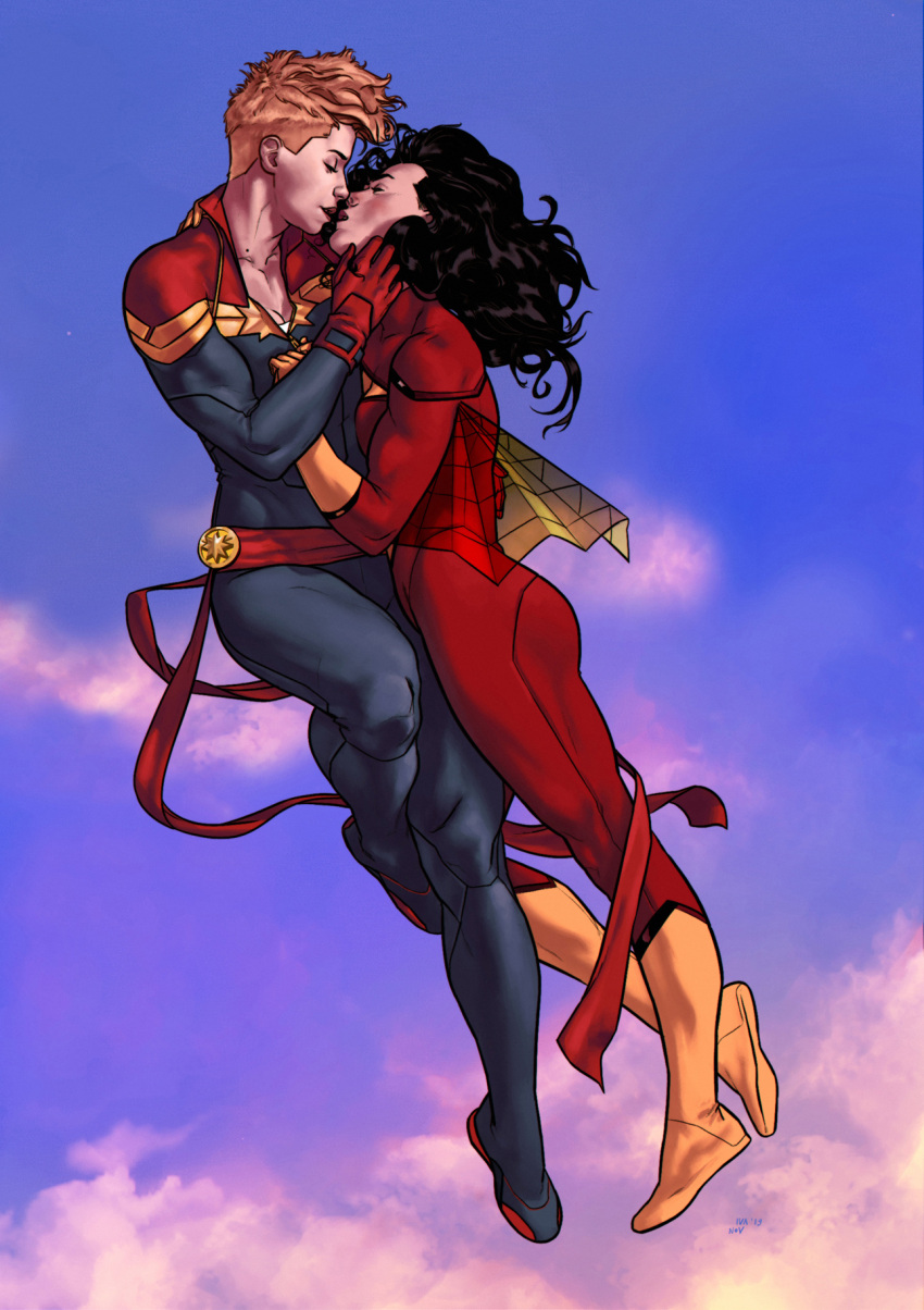 2girls, black_hair, blonde_hair, buzz_cut, captain_marvel, carol_danvers, closed_eyes, dima_ivanov