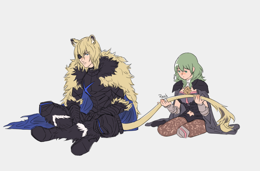 1boy, 1girl, alternate_hair_color, animal_ears, armor, black_armor, black_shorts, blonde_hair