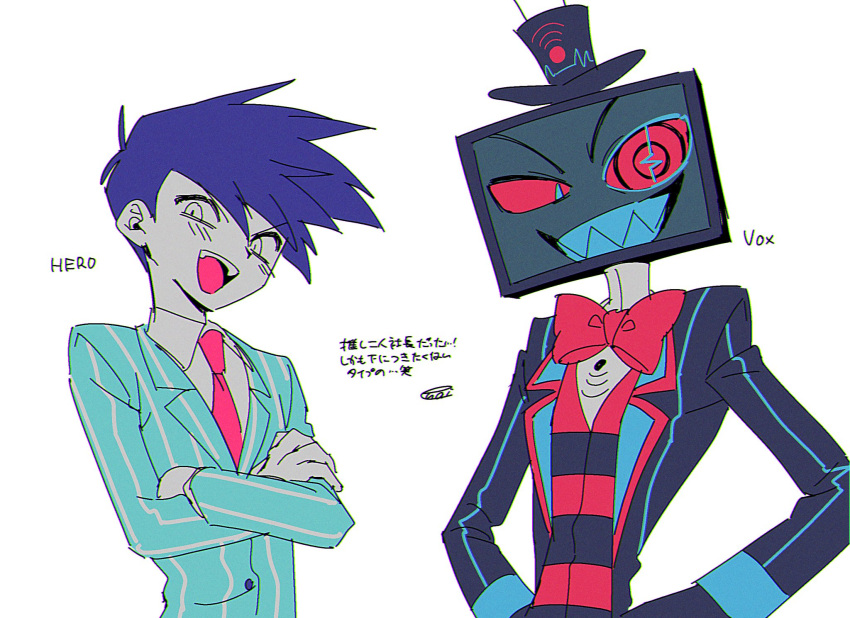 2boys, :d, antenna_hair, black_coat, black_hat, black_vest, blue_coat, blue_eyes