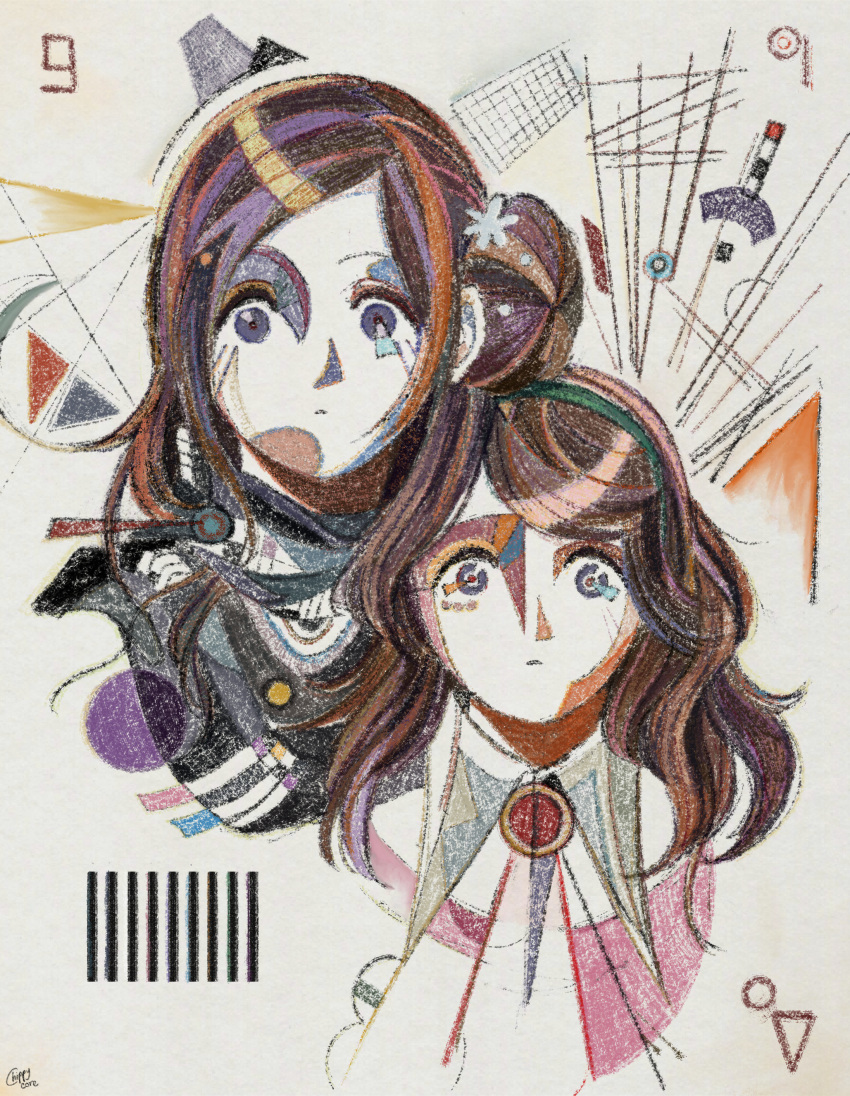 2girls, abstract, absurdres, aged_down, artist_name, brown_hair, chippycore, closed_mouth