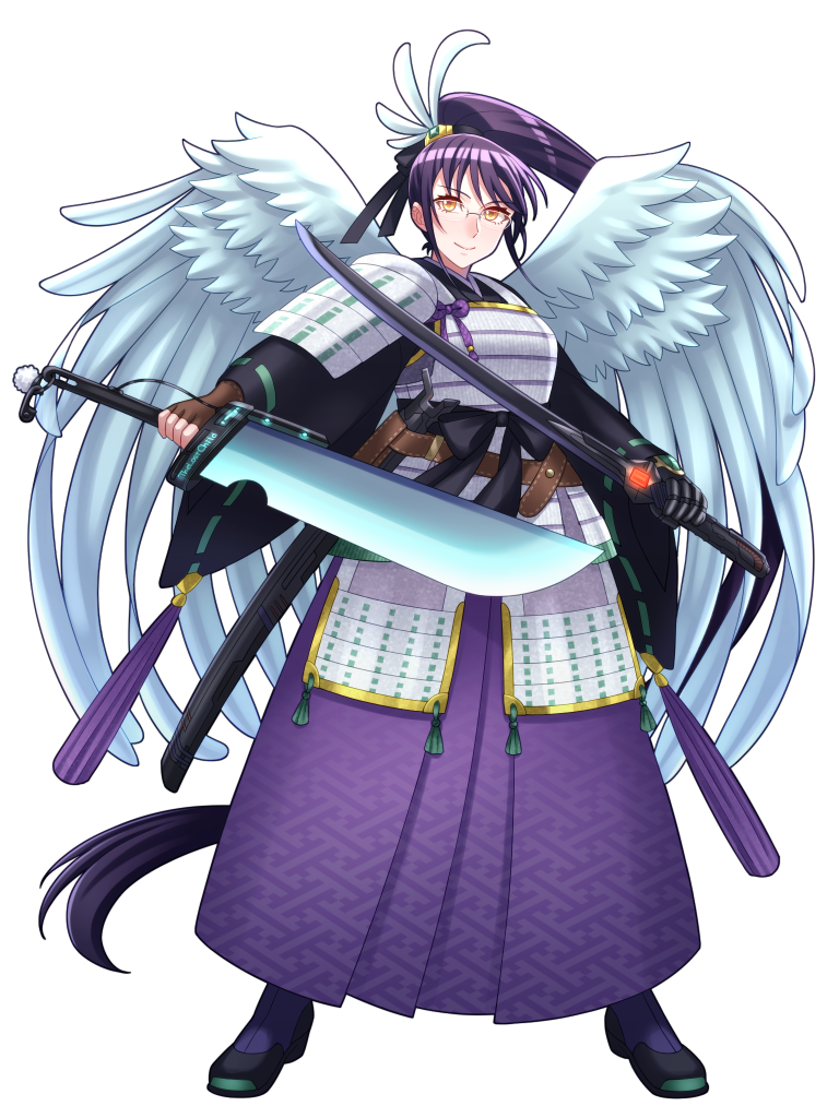 1girl, angel_wings, armor, black_gloves, brown_gloves, chain_paradox, co_noelize, dual_wielding, feather_hair_ornament, feathers, fingerless_gloves, full_body, glasses, gloves, hair_ornament, holding, holding_sword, holding_weapon, japanese_armor, long_hair, melkidia_sedecriel, purple_hair, purple_skirt, sayagata, sheath, skirt, smile, solo, standing, sword, very_long_hair, weapon, white_wings, wings, yellow_eyes