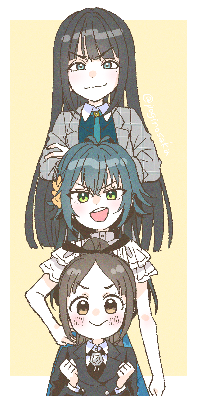 3girls, alternate_hairstyle, amaya_tsubame, amaya_tsubame_(cosplay), antenna_hair, black_hair, black_jacket, blunt_bangs