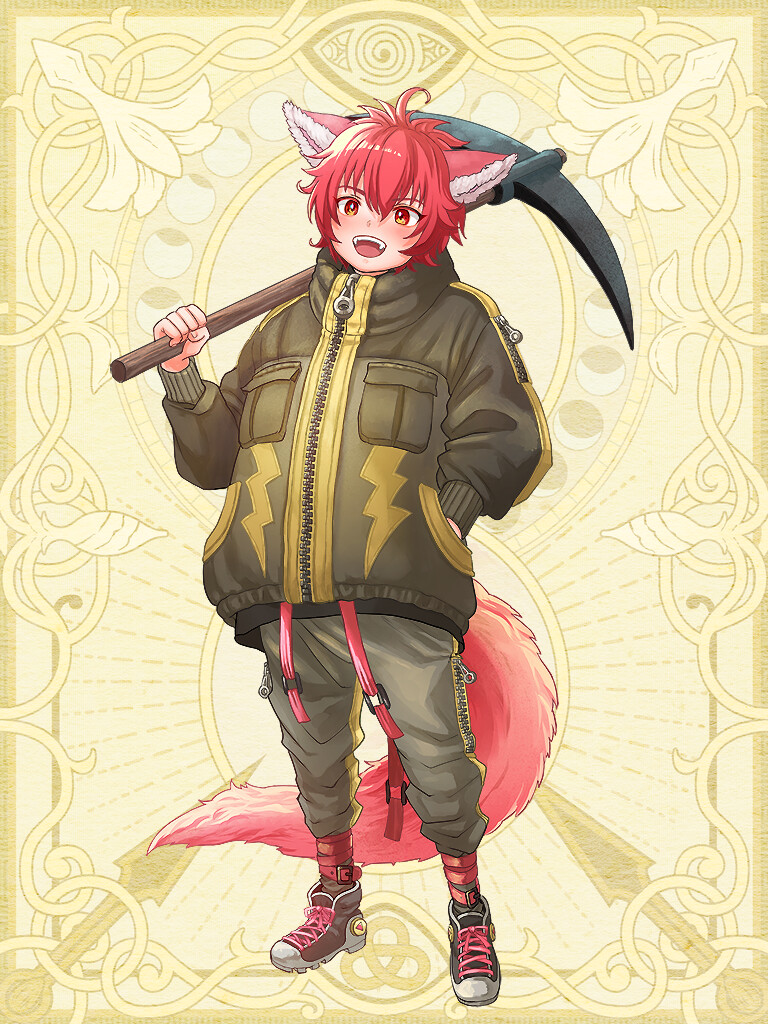 1boy, :d, ahoge, animal_ears, blush, chain_paradox, coat, full_body