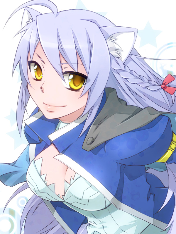 animal_ears, braid, breasts, bustier, cat_ears, cleavage, dog_days, lavender_hair, leonmitchelli_galette_des_rois, lingerie, long_hair, namaenadonai, smile, solo, underwear, yellow_eyes