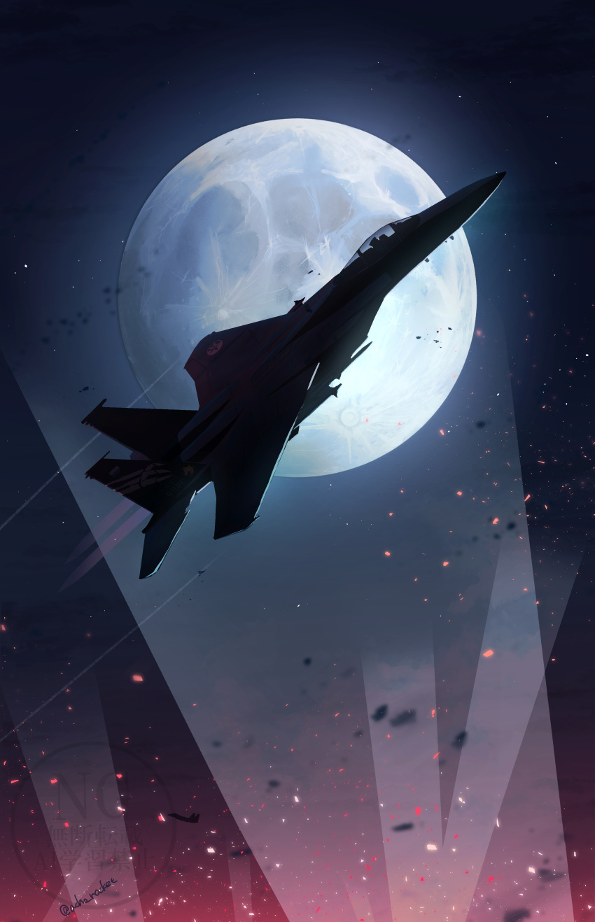 1boy, absurdres, ace_combat, ace_combat_7, aim-9_sidewinder, air-to-air_missile, aircraft, airplane, backlighting, claw_mark, commentary_request, contrail, debris, embers, f-15_eagle, fighter_jet, helmet, highres, military_vehicle, missile, moon, night, night_sky, onigiri_maru_(maruchosu), osean_flag, outdoors, pilot, pilot_helmet, roundel, searchlight, signature, silhouette, sin_lines, sky, solo, star_(sky), trigger_(ace_combat), watermark