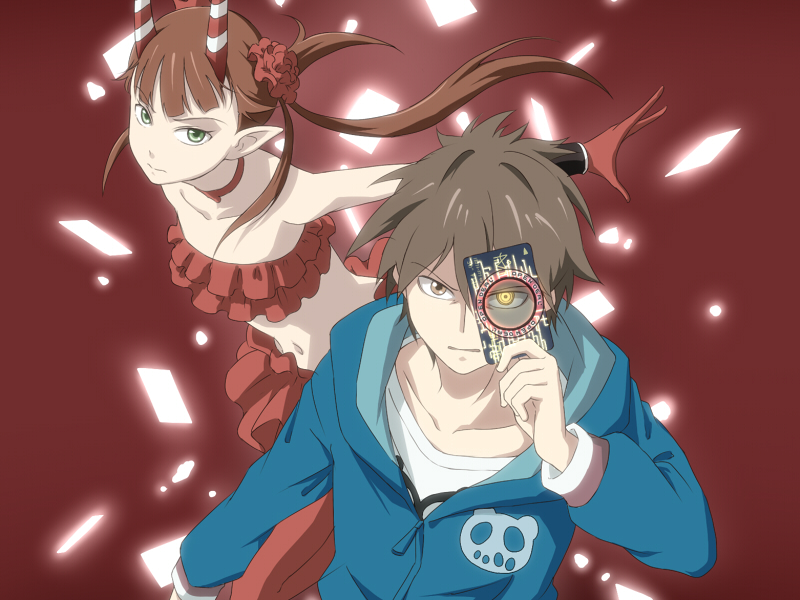 brown_eyes, brown_hair, c_(control), c_the_money_of_soul_and_possibility_control, card, credit_card, falling_card, flower, frills, green_eyes, hair_flower, hair_ornament, heterochromia, holding, holding_card, hoodie, horns, koitsu_tera_auau, mashu, mashu_(control), midriff, pointy_ears, reverse_x-ray, skirt, thighhighs, tubetop, twintails, yellow_eyes, yoga_kimimaro