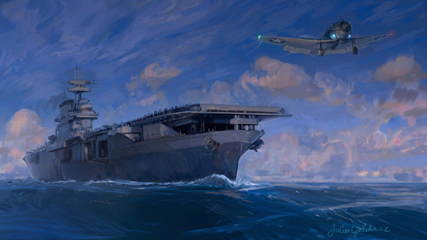 6+boys, aircraft, aircraft_carrier, airplane, anchor, artist_name, clip_studio_paint_(medium), clouds