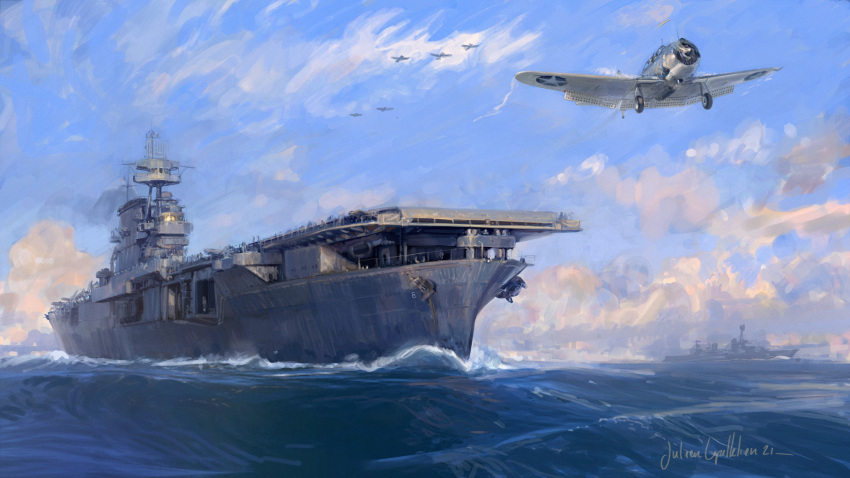 6+boys, aircraft, aircraft_carrier, airplane, anchor, artist_name, blue_sky, clip_studio_paint_(medium)