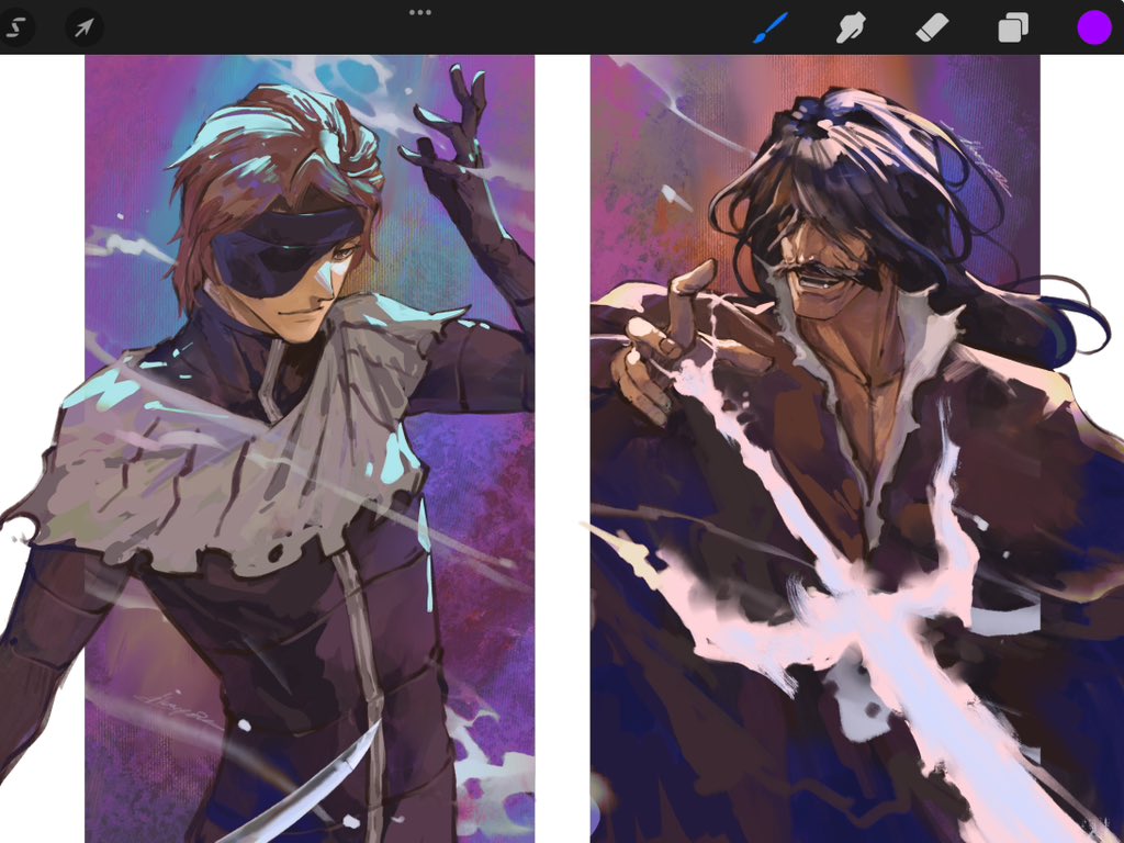2boys, abstract_background, aizen_sousuke, art_program_in_frame, black_bodysuit, black_gloves, black_hair, bleach