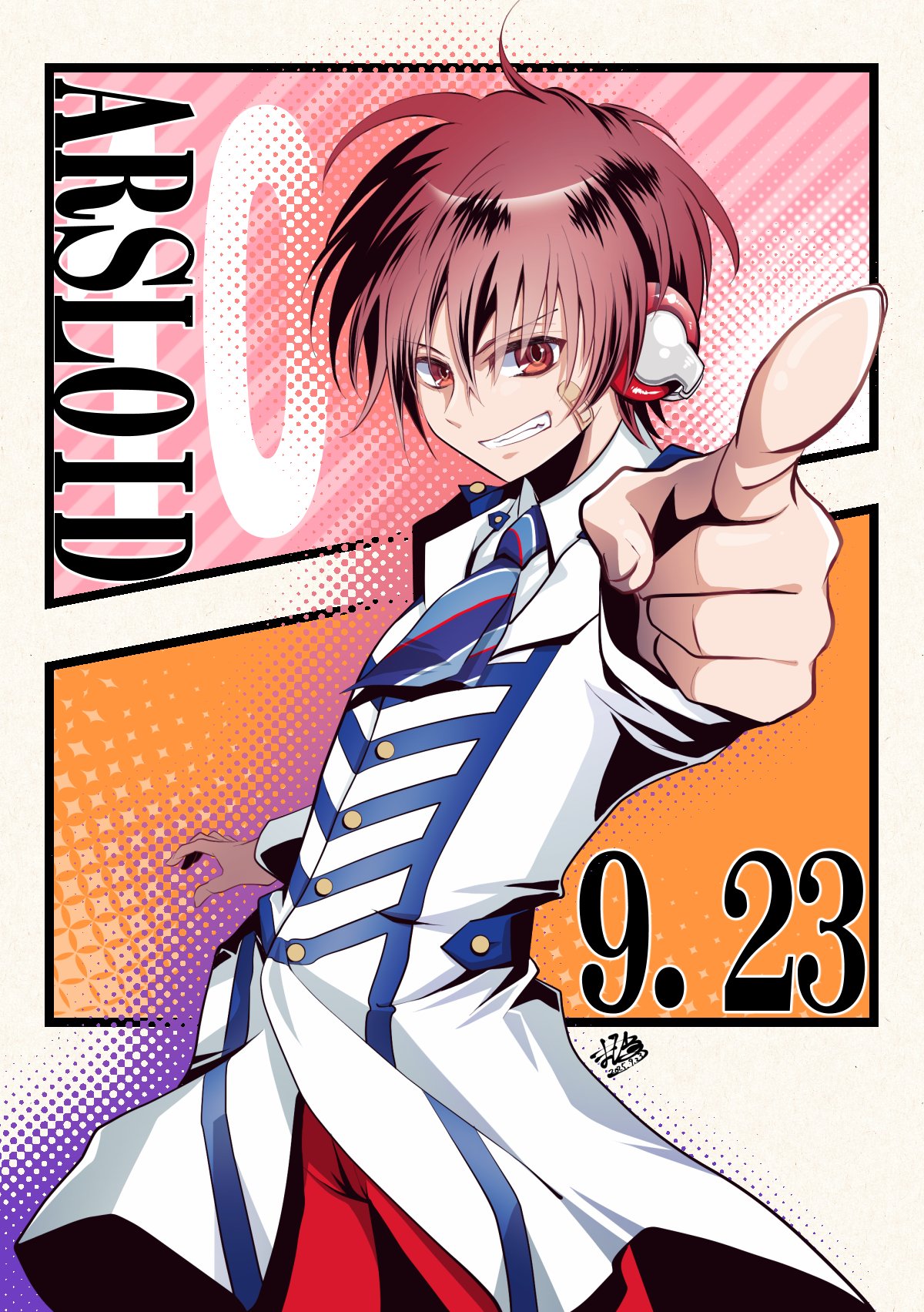 1boy, anniversary, arsloid, blue_necktie, character_name, collared_shirt, commentary_request, hair_between_eyes