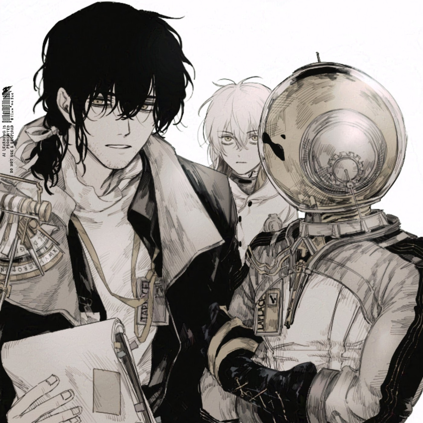 1other, 2boys, behind_another, black_coat, black_gloves, black_hair, coat, enigma_(reverse:1999)
