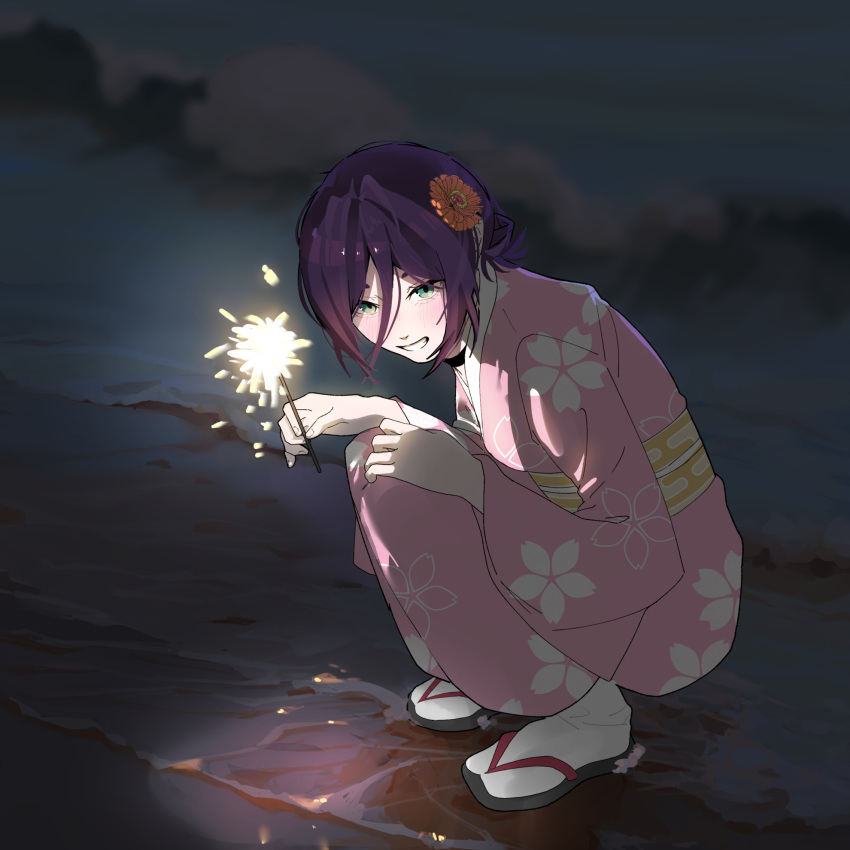1girl, beach, black_choker, chainsaw_man, choker, fireworks, floral_print, floral_print_kimono
